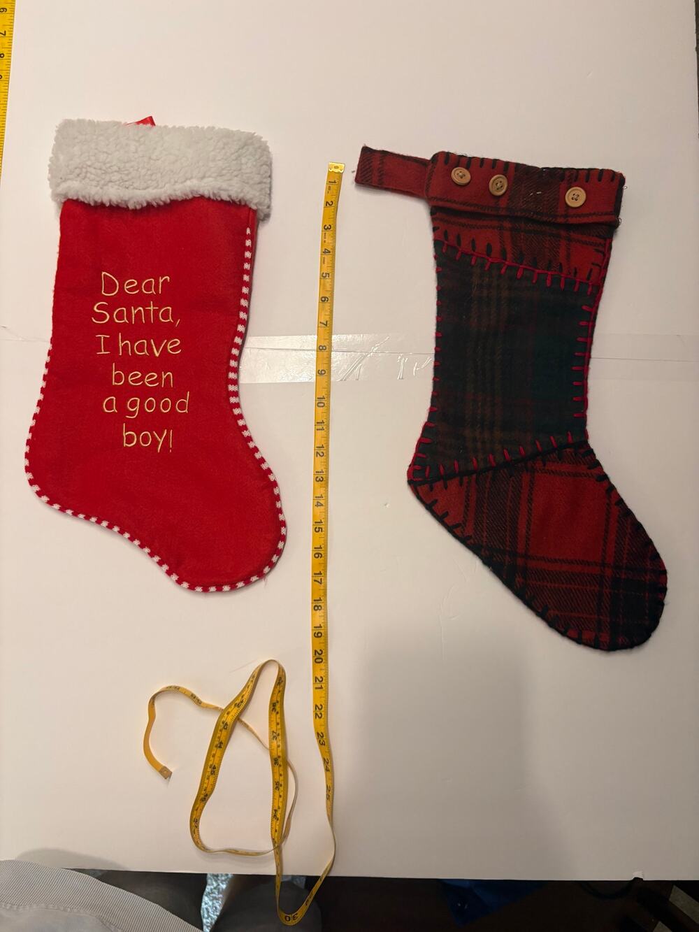 Red White Dear Santa Stocking & Pottery Barn Red Green Plaid Wool stocking